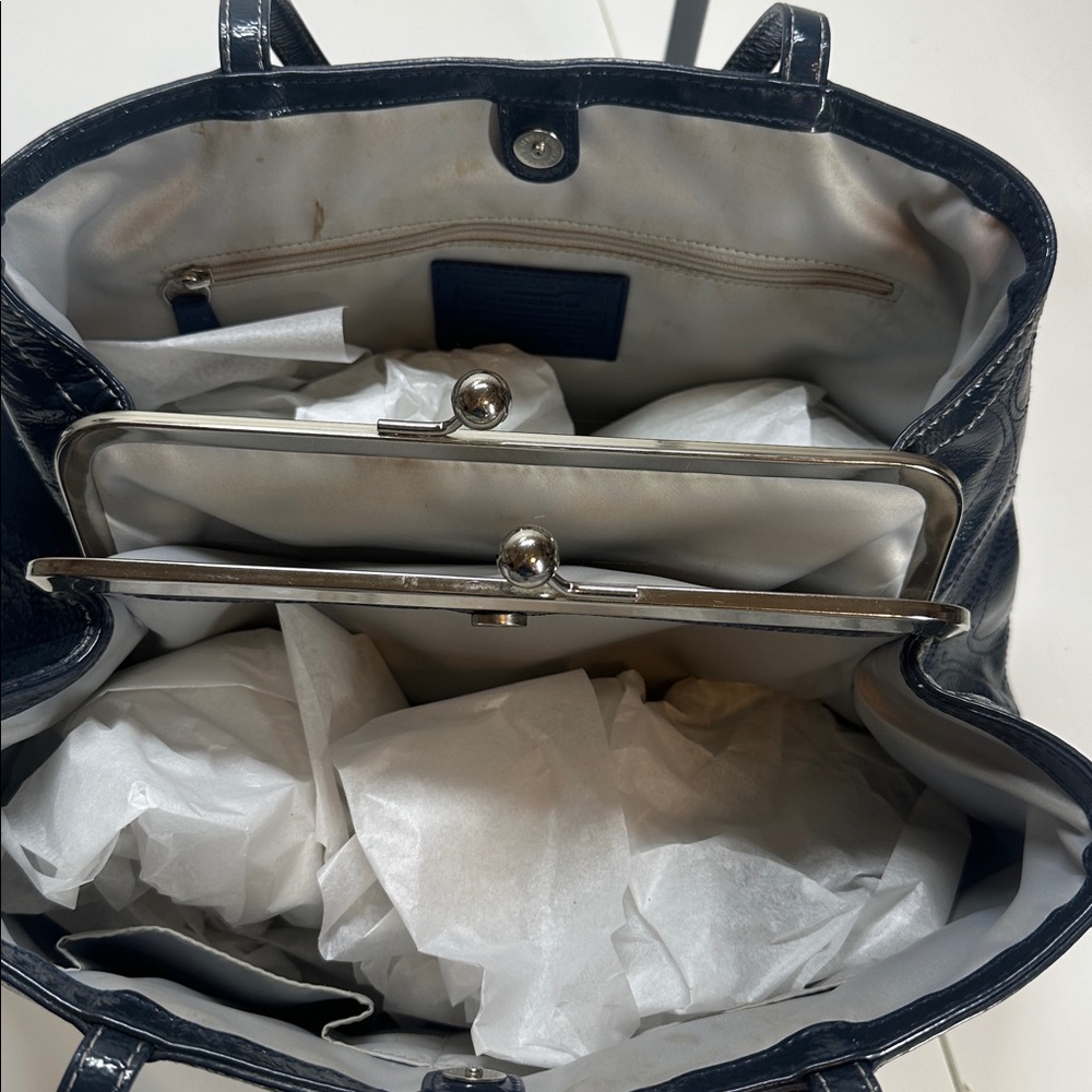 Coach Madison Navy Patent Leather Satchel Shoulder Bag - Picture 4 of 15